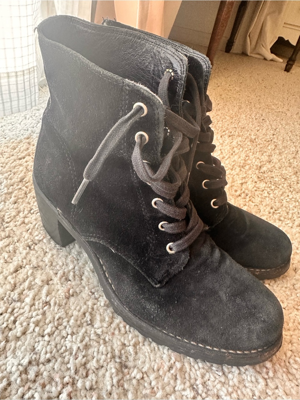 Sabrina Frye Black Suede Lace-Up Block Heel Boots